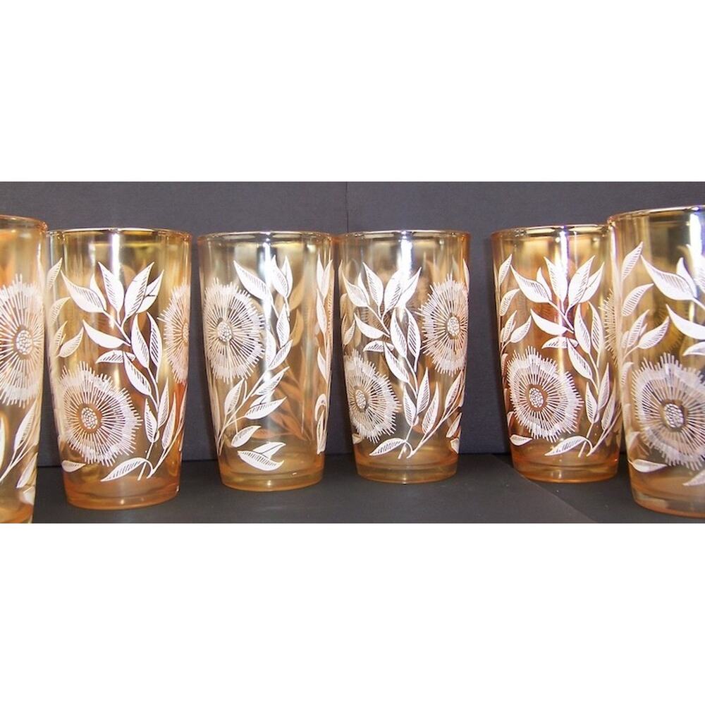 Vintage Jeannette Marigold Carnival Glass Cosmos Pitcher 6 Tumbler Set 1950s - Picture 3 of 15